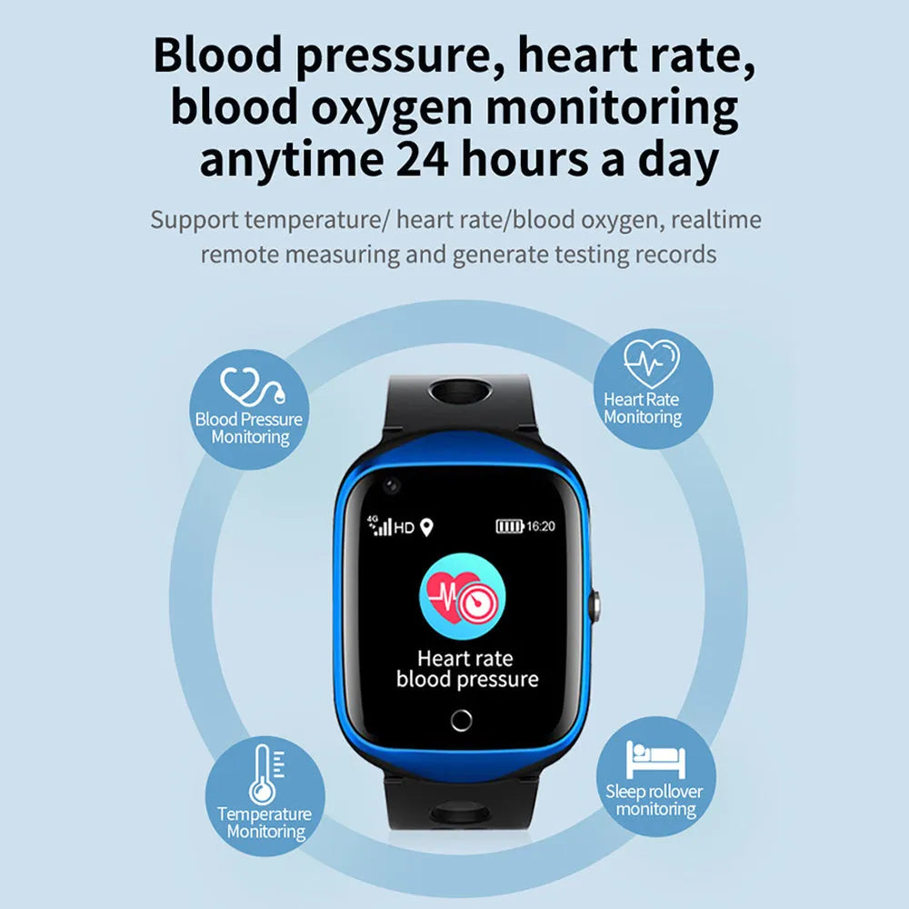Smart GPS positioning watch for the elderly with a square colour screen and silicone strap.