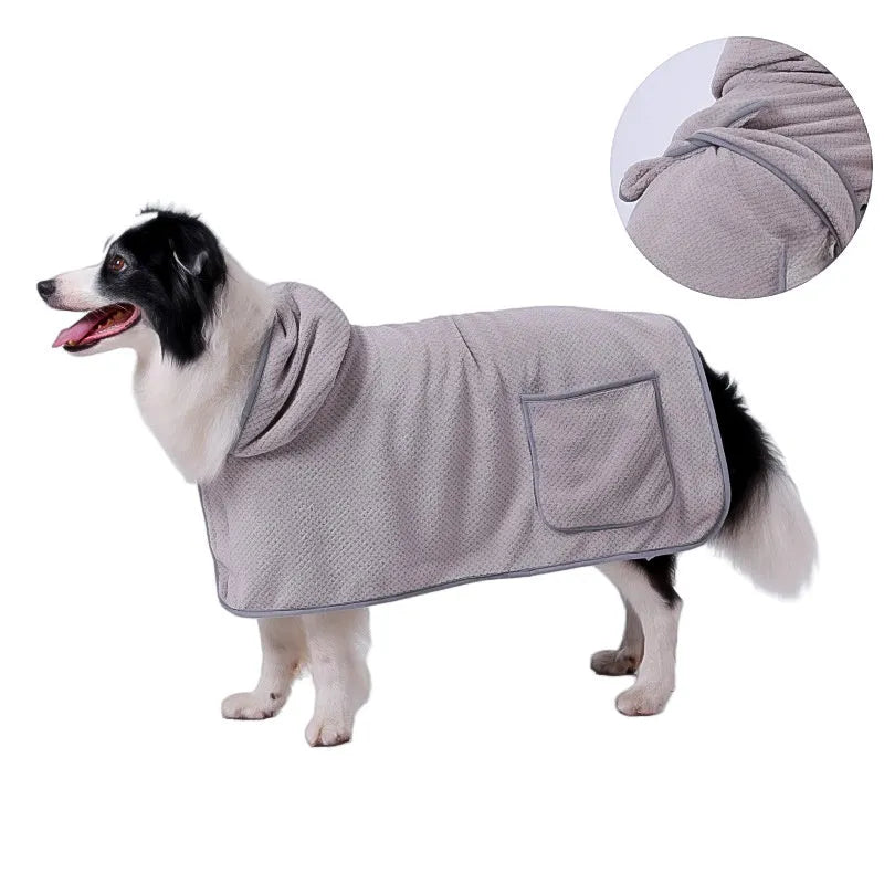 Blue adjustable dog bath robe towel wrapped around medium-sized dog