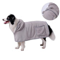 Blue adjustable dog bath robe towel wrapped around medium-sized dog