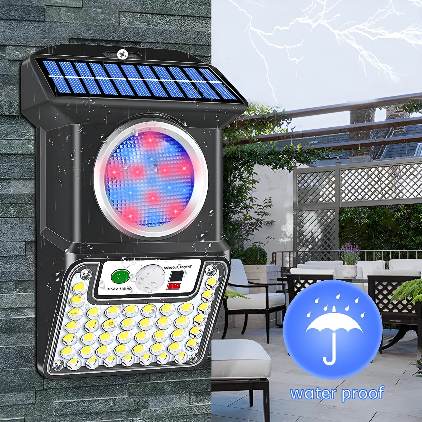 59 LED outdoor solar body sensing wall light with remote control on a brick wall