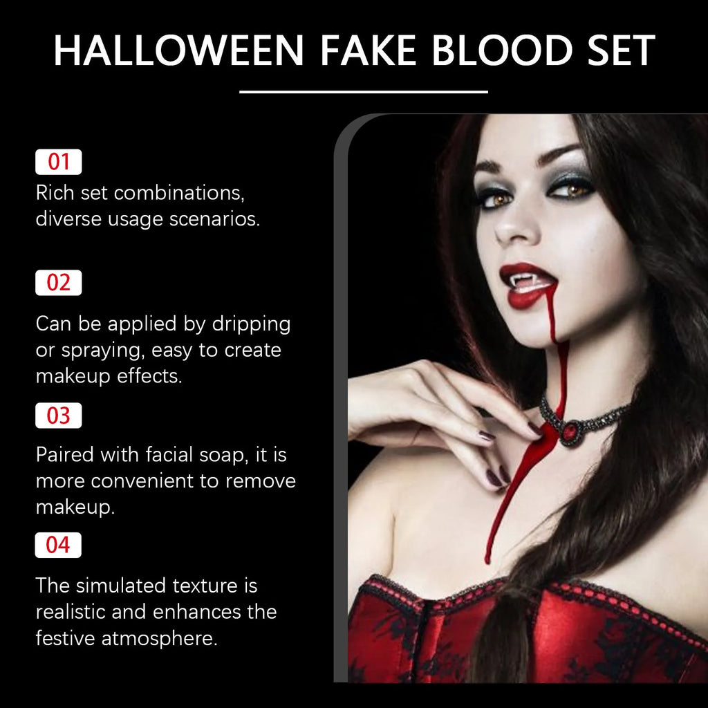 Washable fake blood 3-piece set showing plasma drops bottle, plasma spray, and surface soap for horror special effects