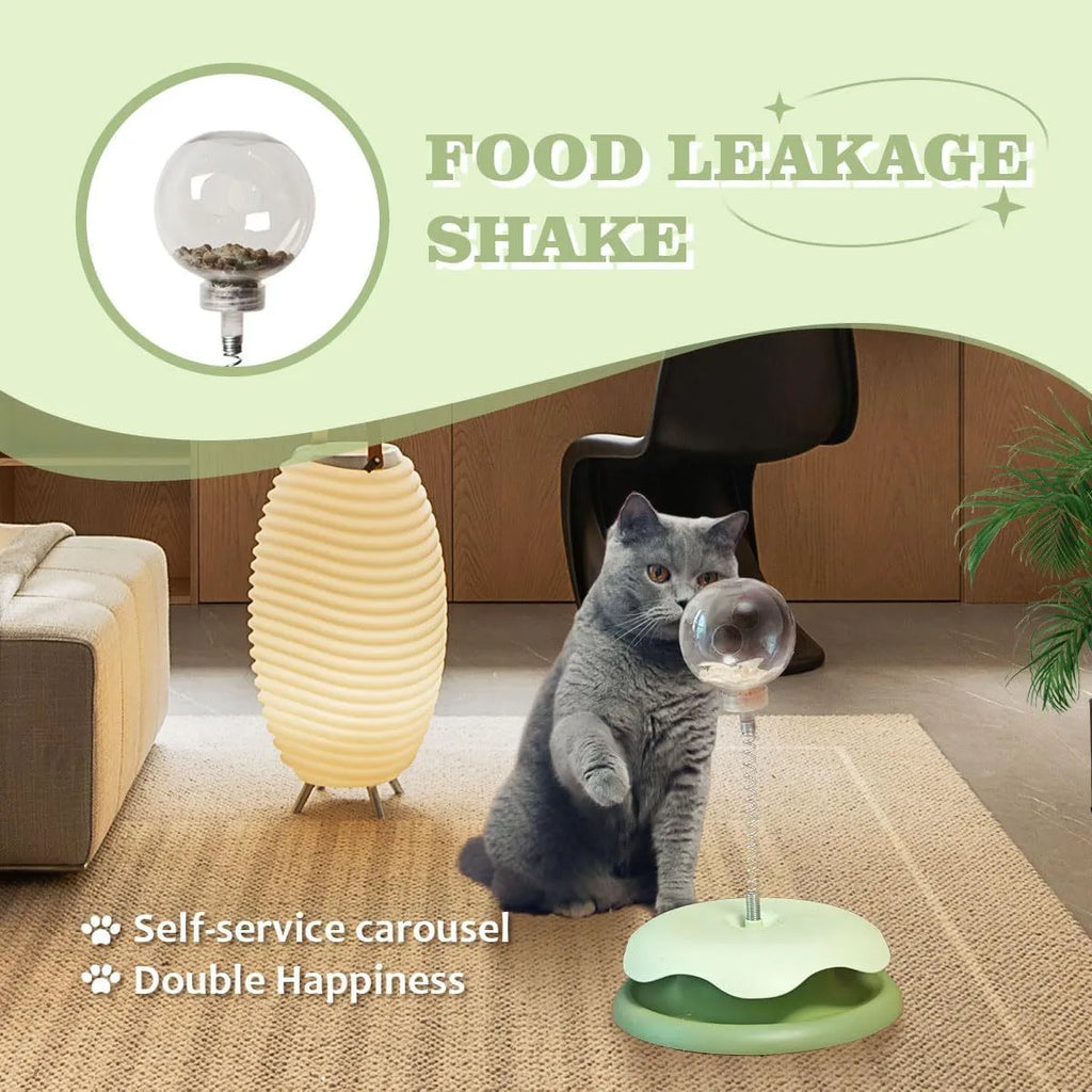 Blue and green PP plastic cat treat dispenser toy with track ball, shown dismantled