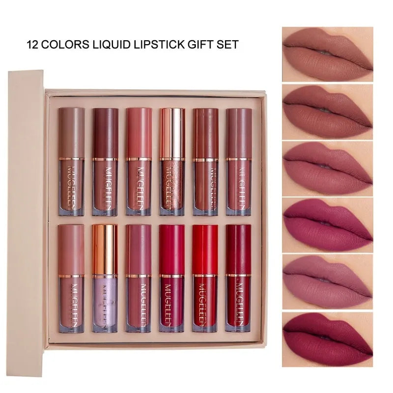 12-piece matte shimmer lip glaze set showing multiple colour options with non-stain formula
