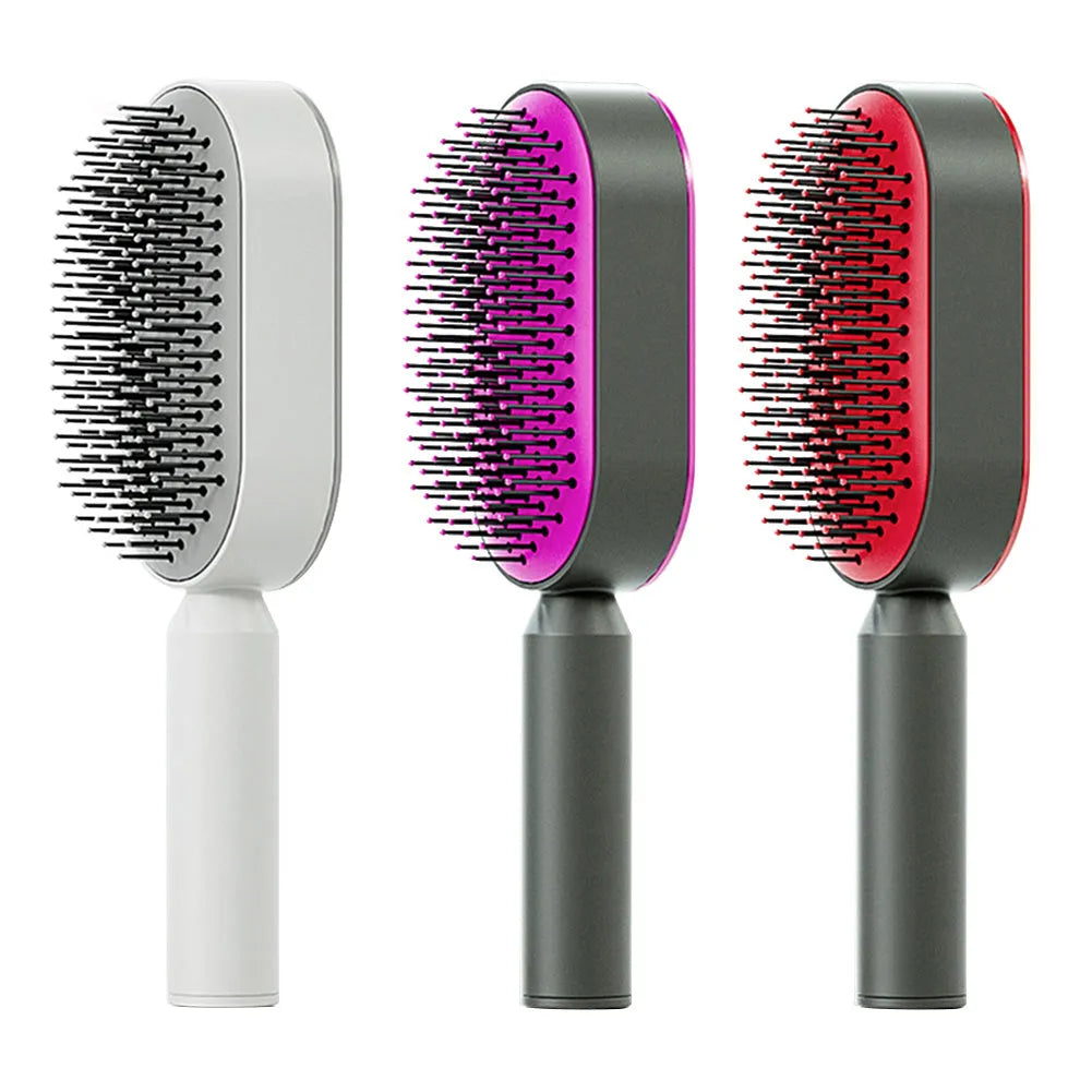 Self-cleaning hair brush with one-key button, air cushion base, and long bristles on a white background.