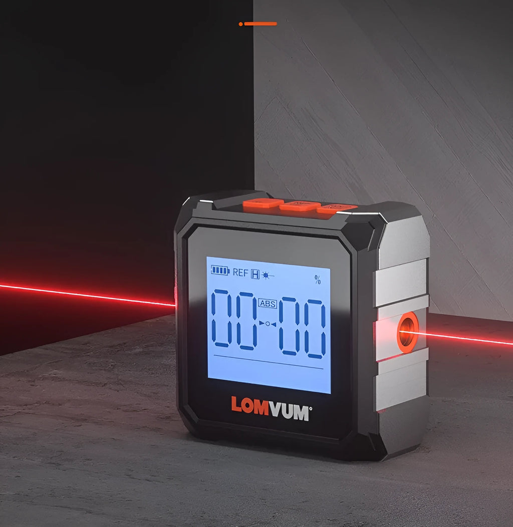 Longyun digital laser tape measure with alloy casing and backlit display on a workbench.