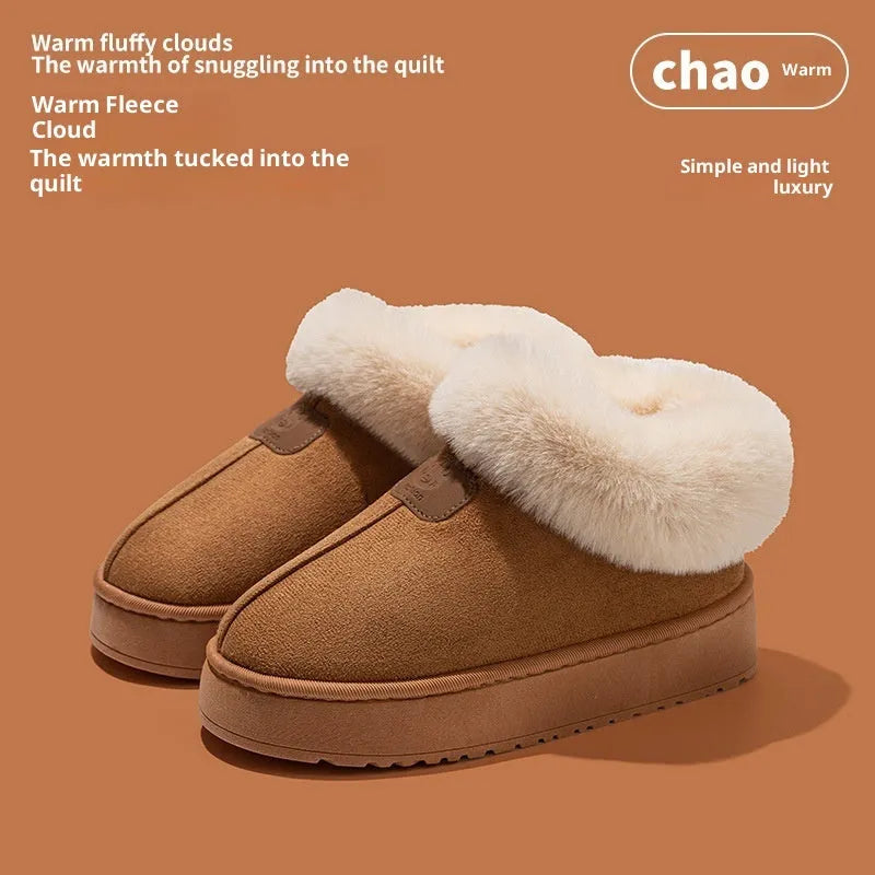 Women's solid colour suede slippers with bear logo heel cover, round head shape, casual style