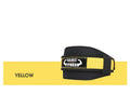 Black nylon fitness weightlifting waistband with adjustable hook and loop closure laid flat.