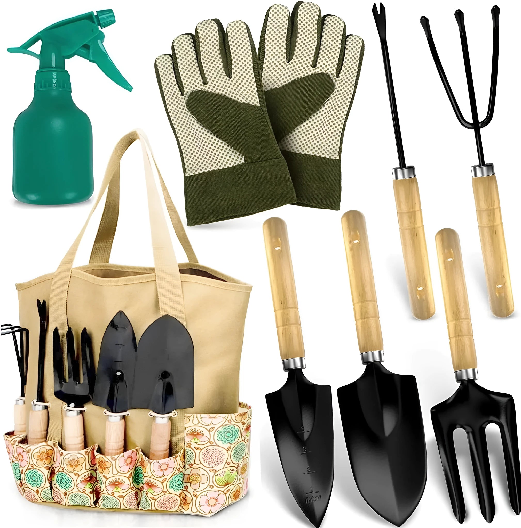 Eight-piece stainless steel gardening tool set with trowel, fork, cultivator and weeder.