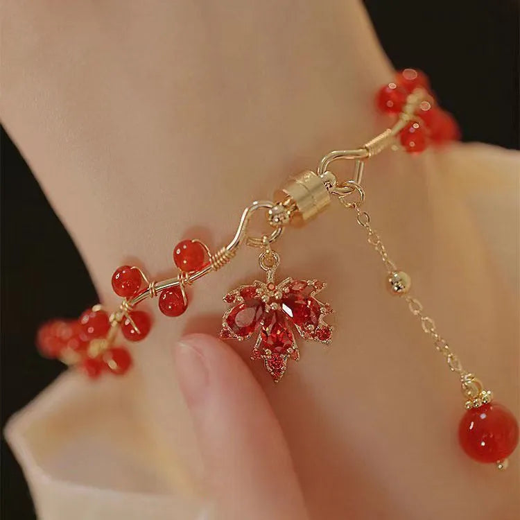 Red ginkgo leaf electroplated magnetic bracelet with a maple leaf design in New Chinese style.
