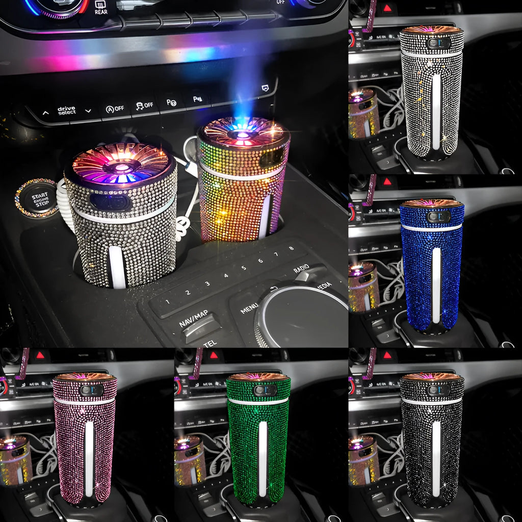 Rhinestone car humidifier with colourful LED lights, 15cm portable design for auto aromatherapy