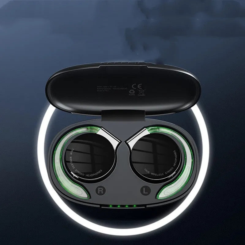 Black and white wireless sports Bluetooth earphones with ear plugs, shown with NFC and Bluetooth symbols.