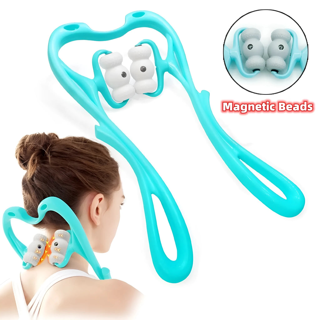 Blue manual neck massager with pressure nodes showing 360-degree rotation mechanism
