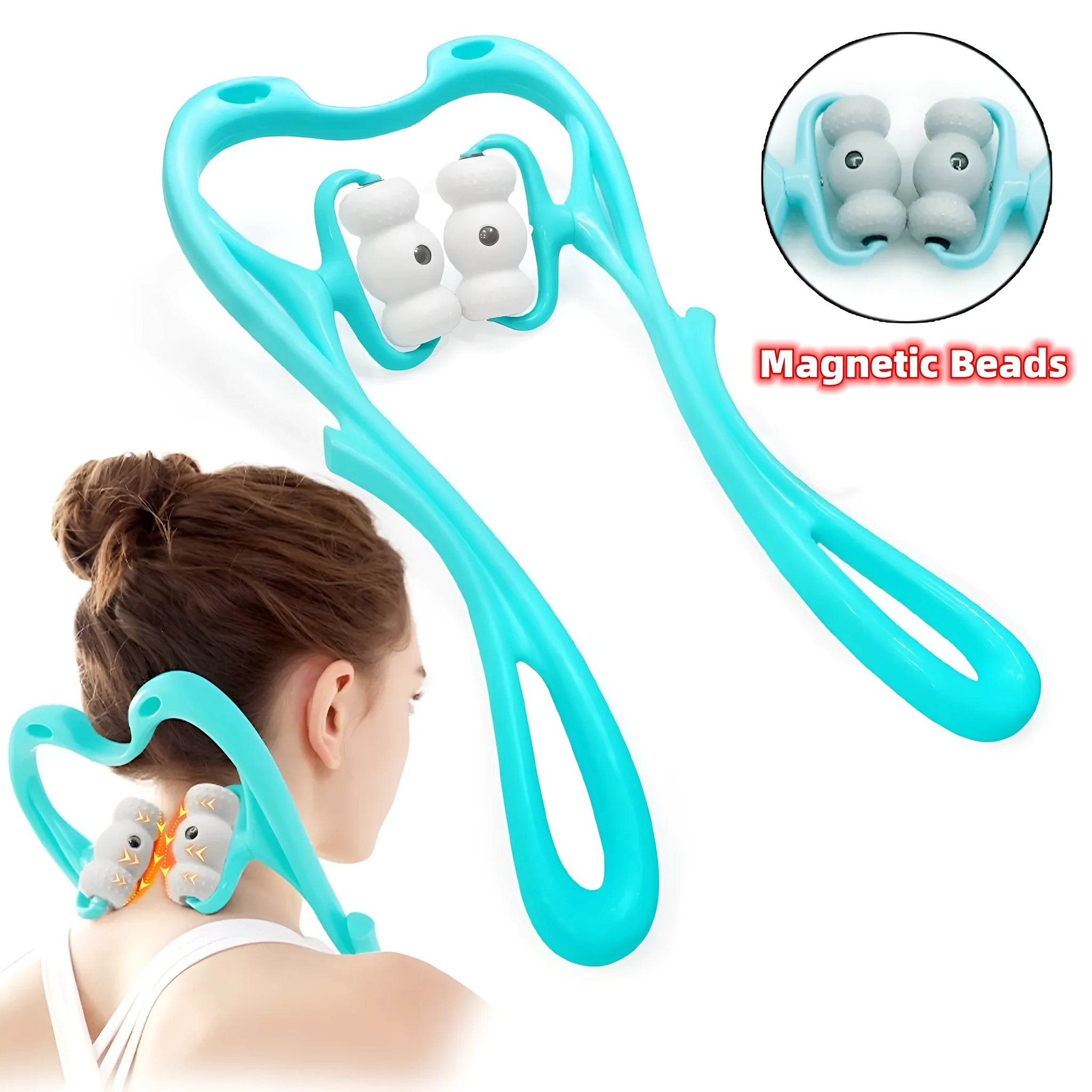 Blue manual neck massager with pressure nodes showing 360-degree rotation mechanism