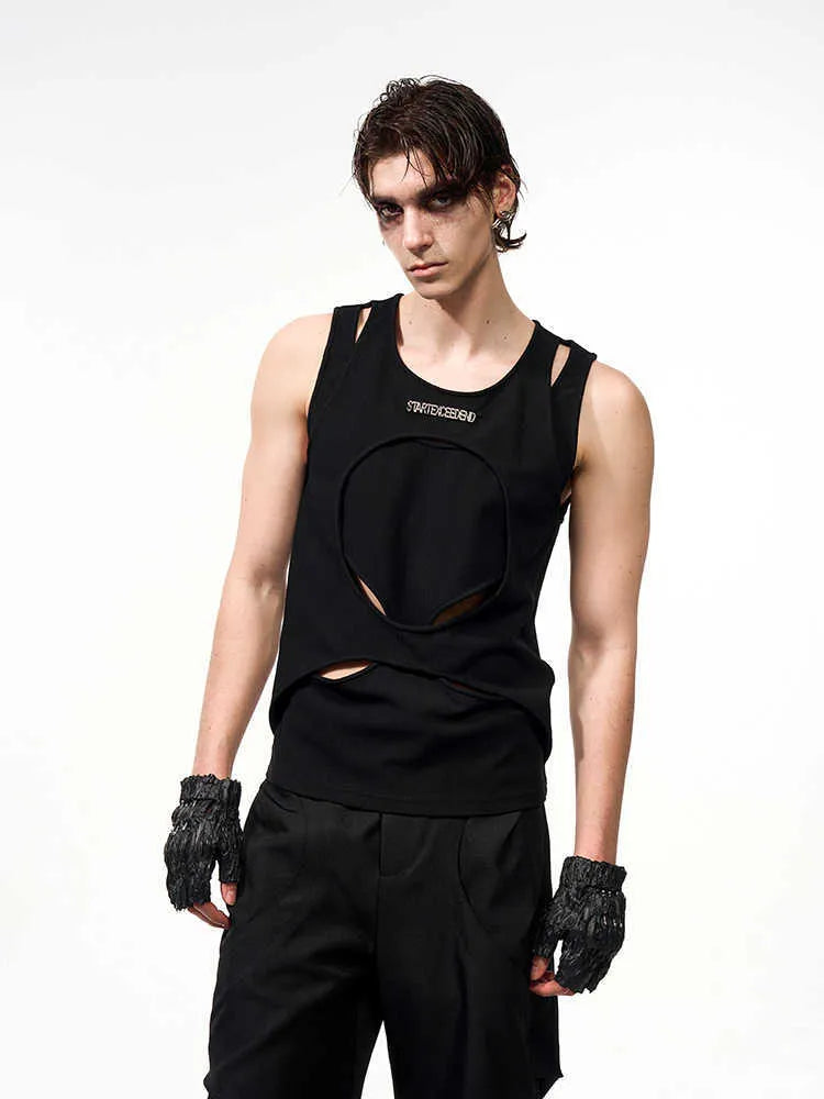 Men's black sleeveless loose-fit waistcoat with hollow thread detail.