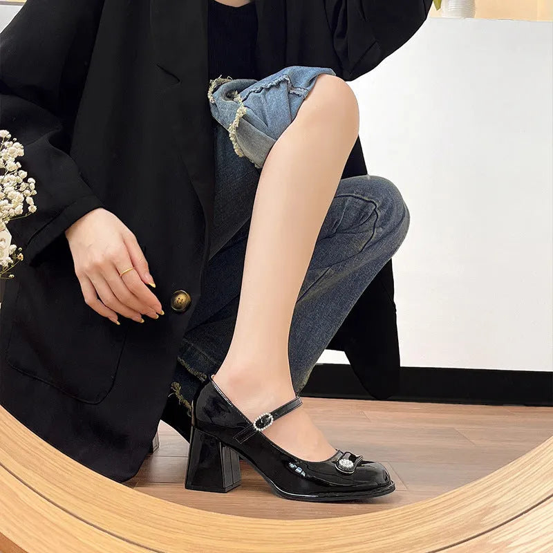 Women's patent leather chunky heel shoes in black or apricot for wide feet sizes 31-45