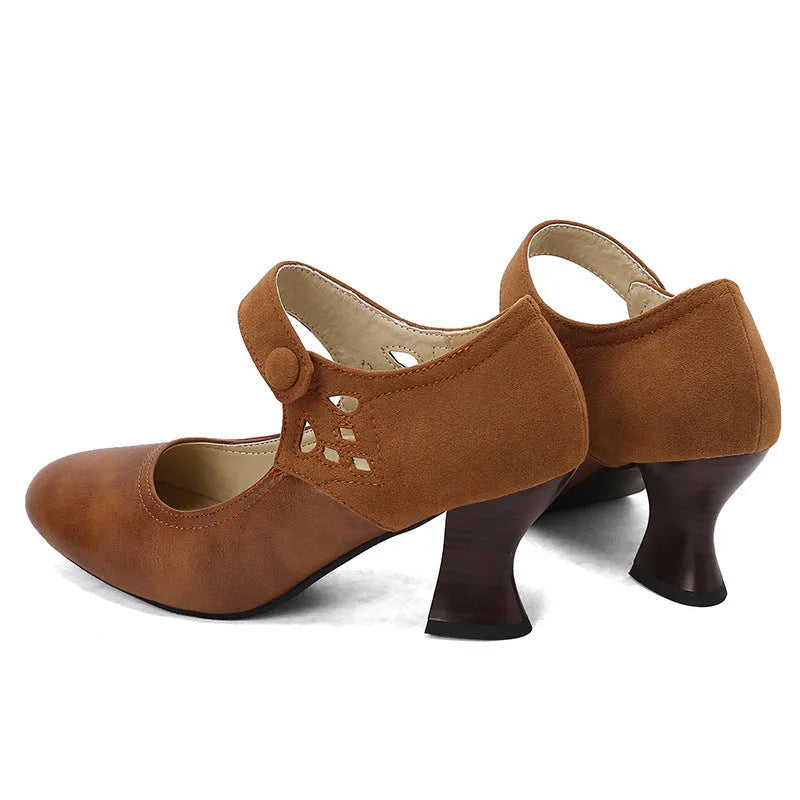 Women's round toe buckle shoes with chunky heel and rubber sole, black colour, low top design