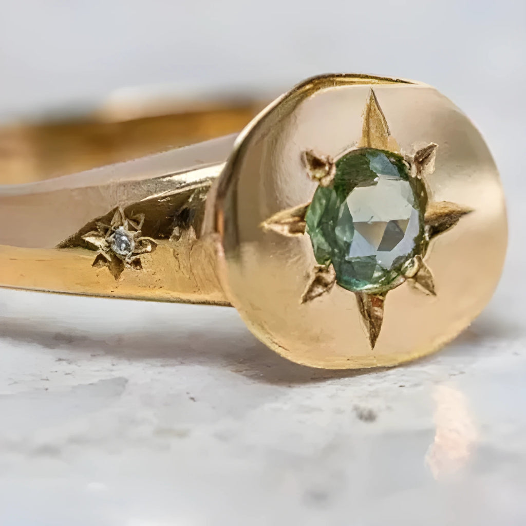 Gold colour adjustable ring with oval asterism zircon star design on zinc alloy.