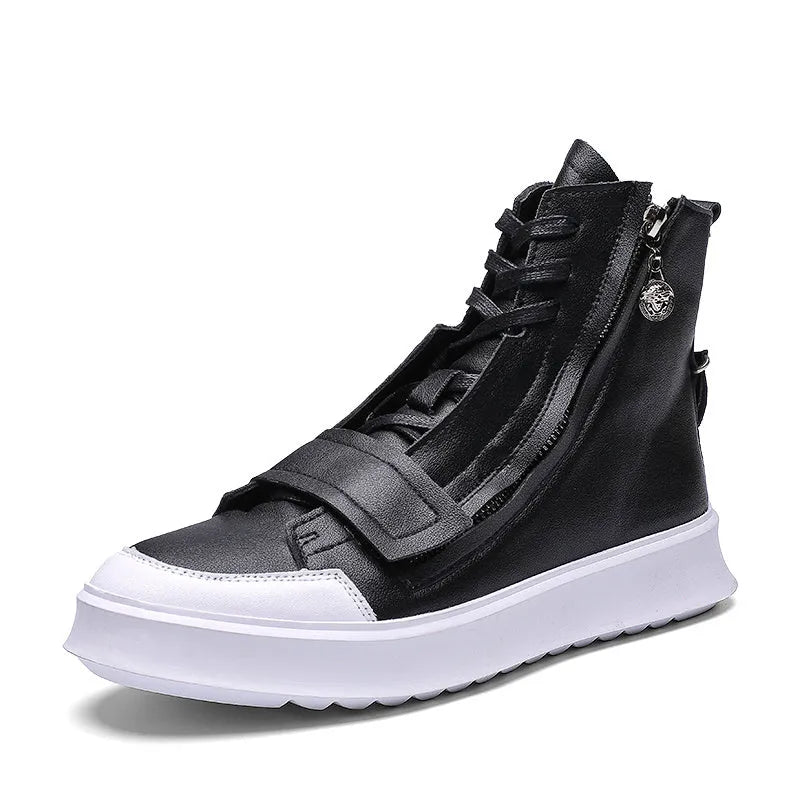 Black PU leather men's ankle boots in high-top sneakers style with microfiber upper construction