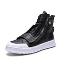 Black PU leather men's ankle boots in high-top sneakers style with microfiber upper construction