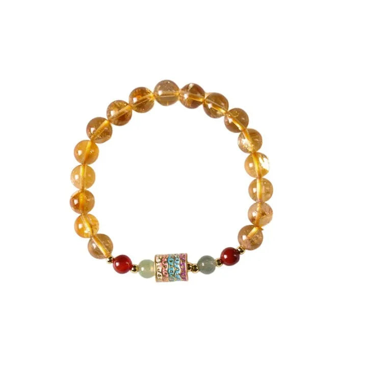 Yellow citrine prayer wheel bracelet with 8mm round beads in retro style