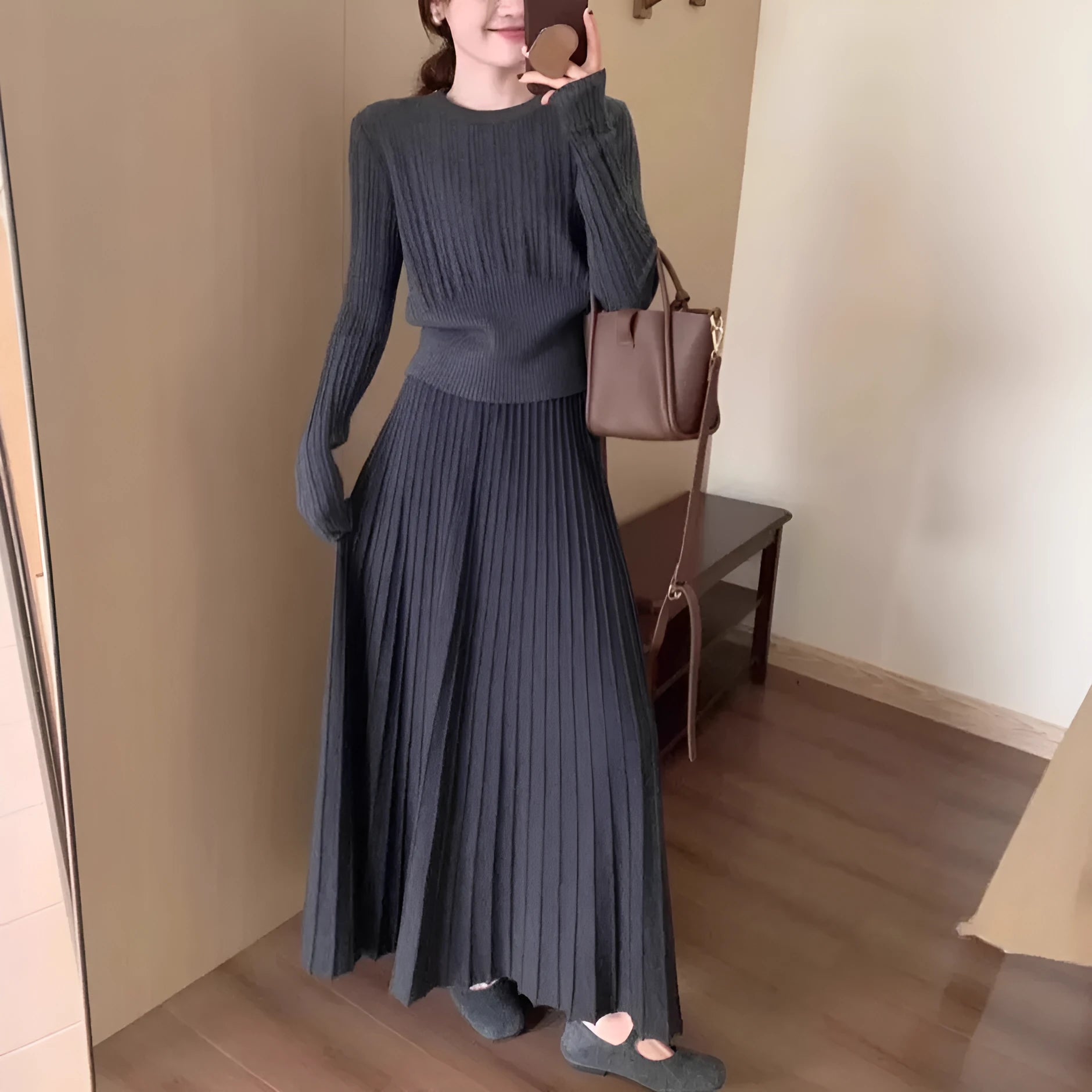 Dark grey knitted long dress suit with three-dimensional pattern and matching skirt, artistic retro ethnic style.