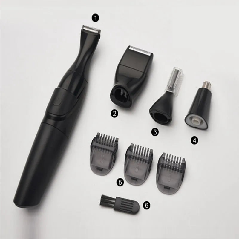 Men's black electric trimmer with reciprocating head, three positioning combs, and cleaning brush for beard and nose hair grooming