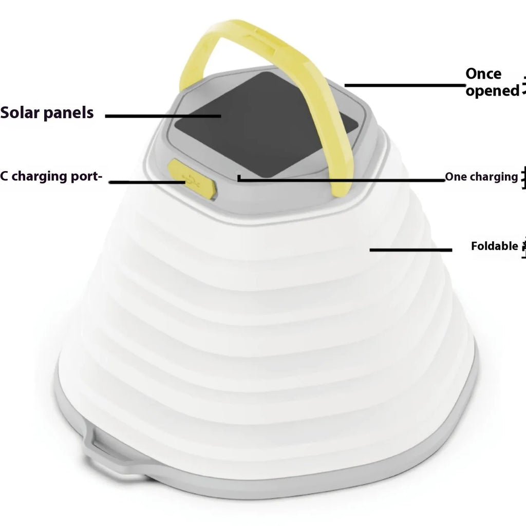 White portable camping lamp with single control button for tent lighting
