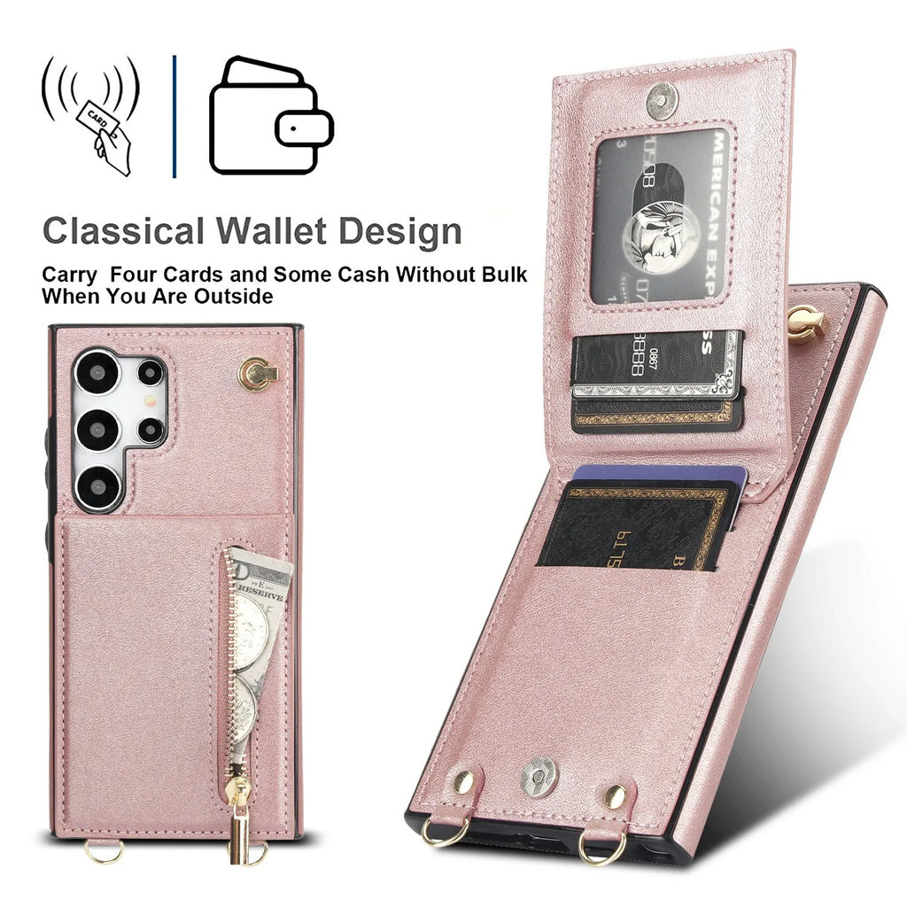 Leather Samsung phone case with crossbody strap and zippered card slot in various colours.