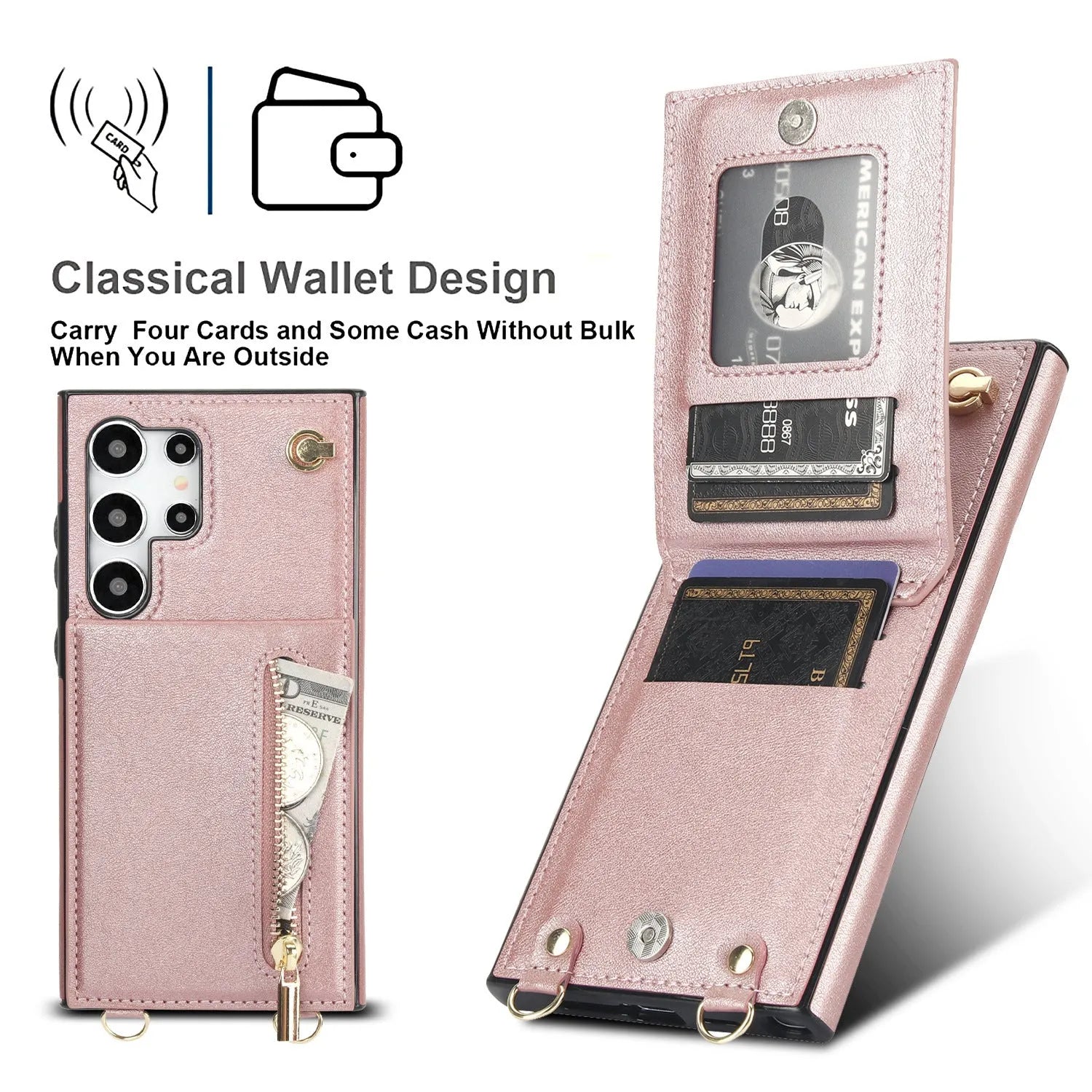 Leather Samsung phone case with crossbody strap and zippered card slot in various colours.