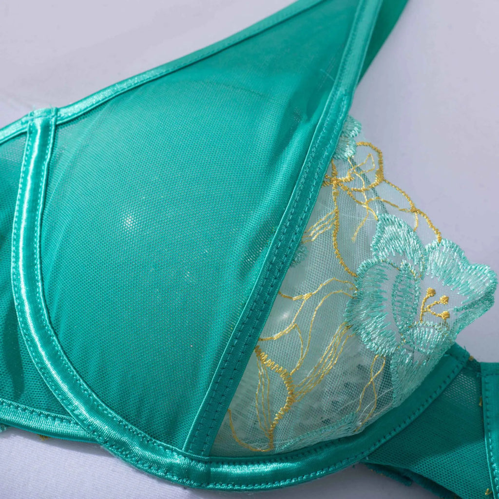 Light green women's fashion bra set with embroidery detailing and three-point tights fit design