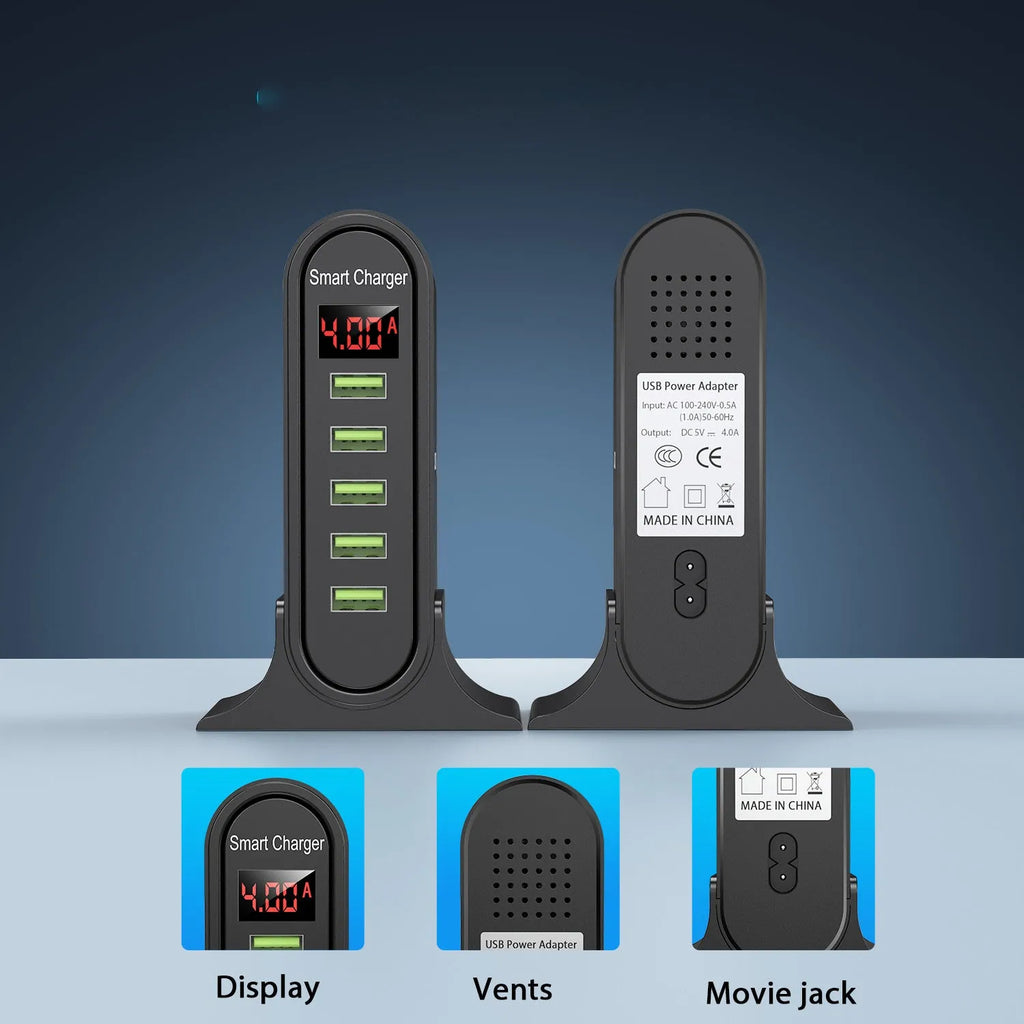Black and white smart LED digital display USB chargers with EU, UK, and US plug styles