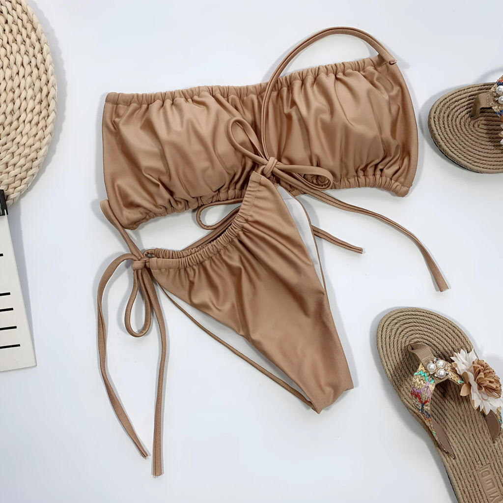Nylon beach bikini in Apricot colour with cup-size adjustable fit for A to D cups