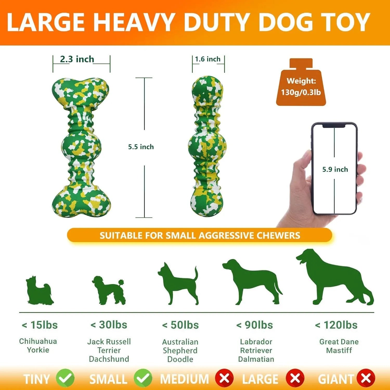 Natural rubber bone-shaped dog chew toy in a camouflage pattern for large breed aggressive chewers.