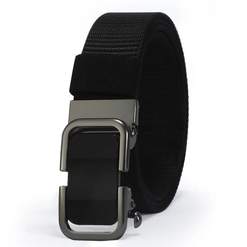 Men's nylon canvas belt with a toothless alloy buckle, shown in army green.