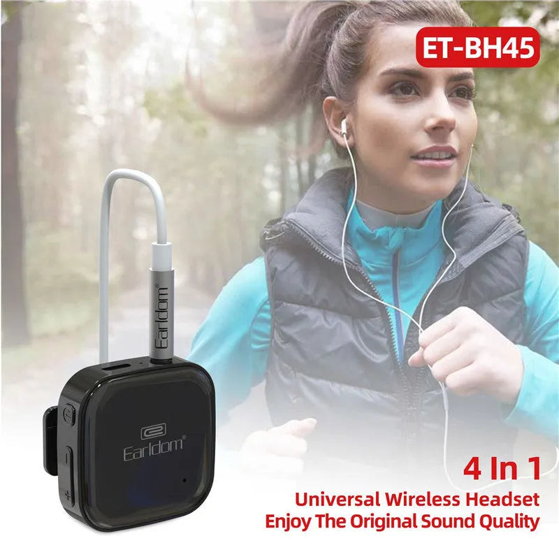 Black Bluetooth audio receiver headphones with lavalier clip for running and hands-free calling