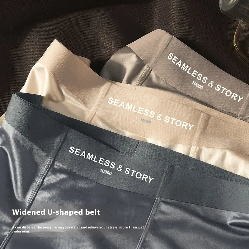 Men's ice silk satin underwear in coffee, light gray, white, and blue colours on a mid waist brief.