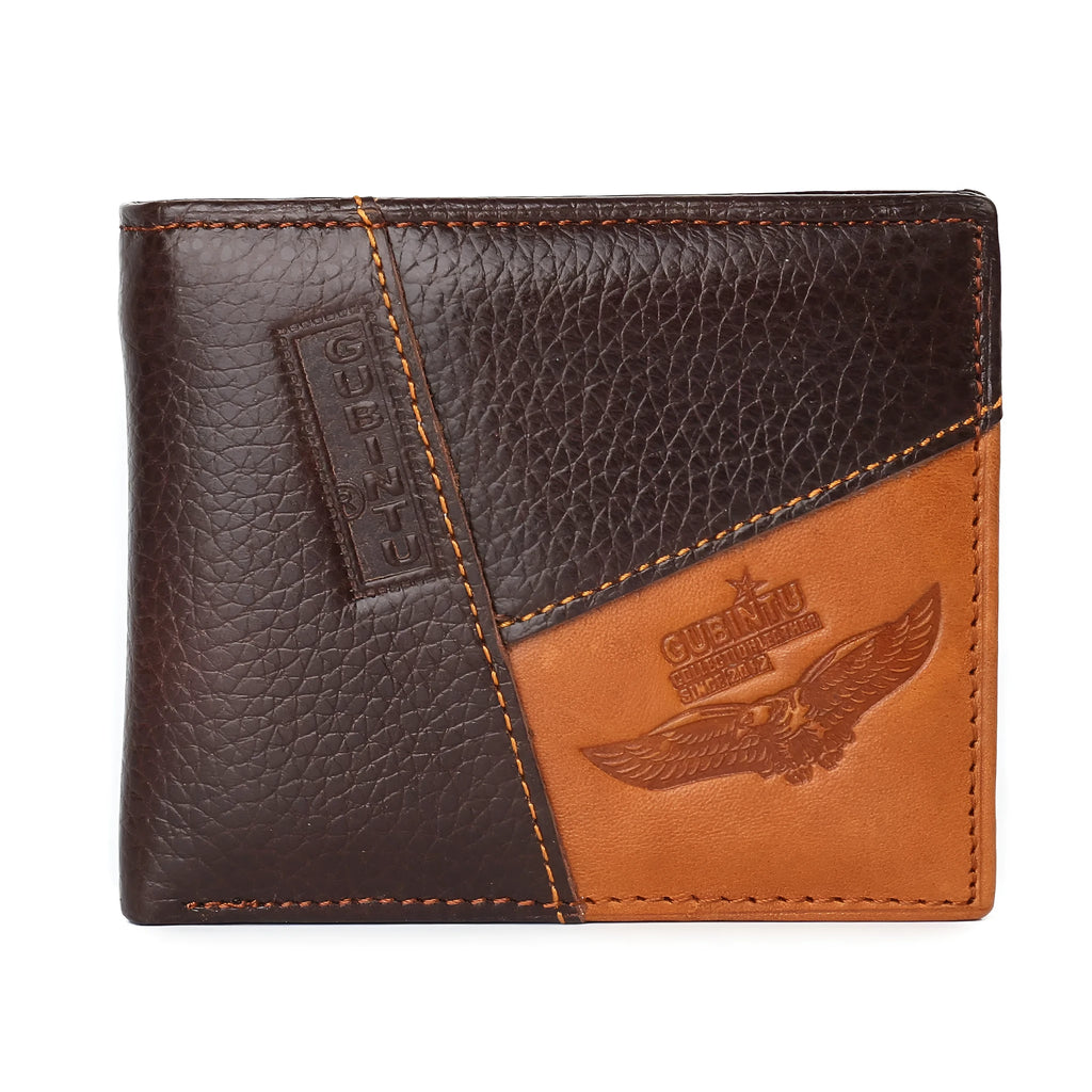 Soft cowhide leather bifold wallet with cross-stitching, shown open to reveal card slots and a zippered coin compartment.