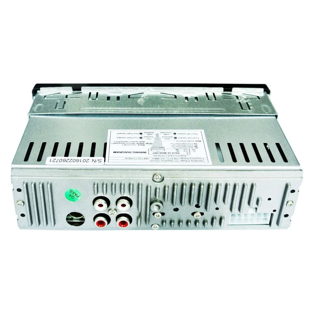Car Bluetooth stereo receiver with front auxiliary input, USB and SD card slots on display