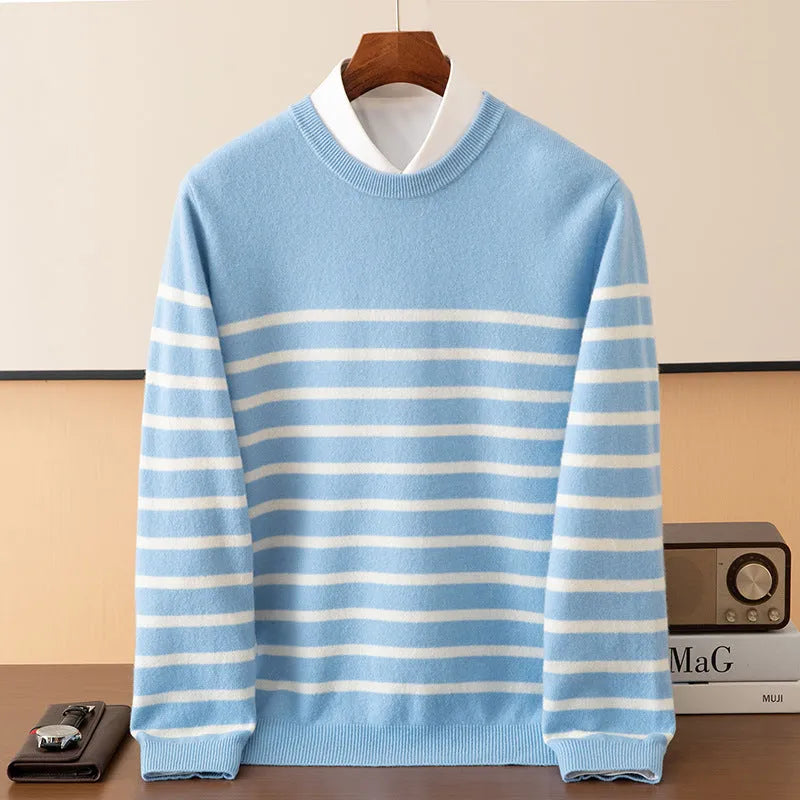 Men's wool round neck long sleeve sweater in light blue, front view, for casual leisure wear
