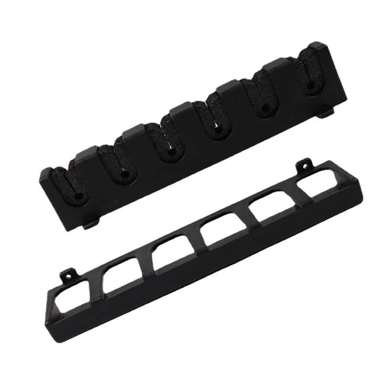 Black ABS plastic wall-mounted fishing rod holder bracket for upright or horizontal storage.