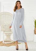 A loose, long black lantern dress with a lace-up crew neck on a mannequin.