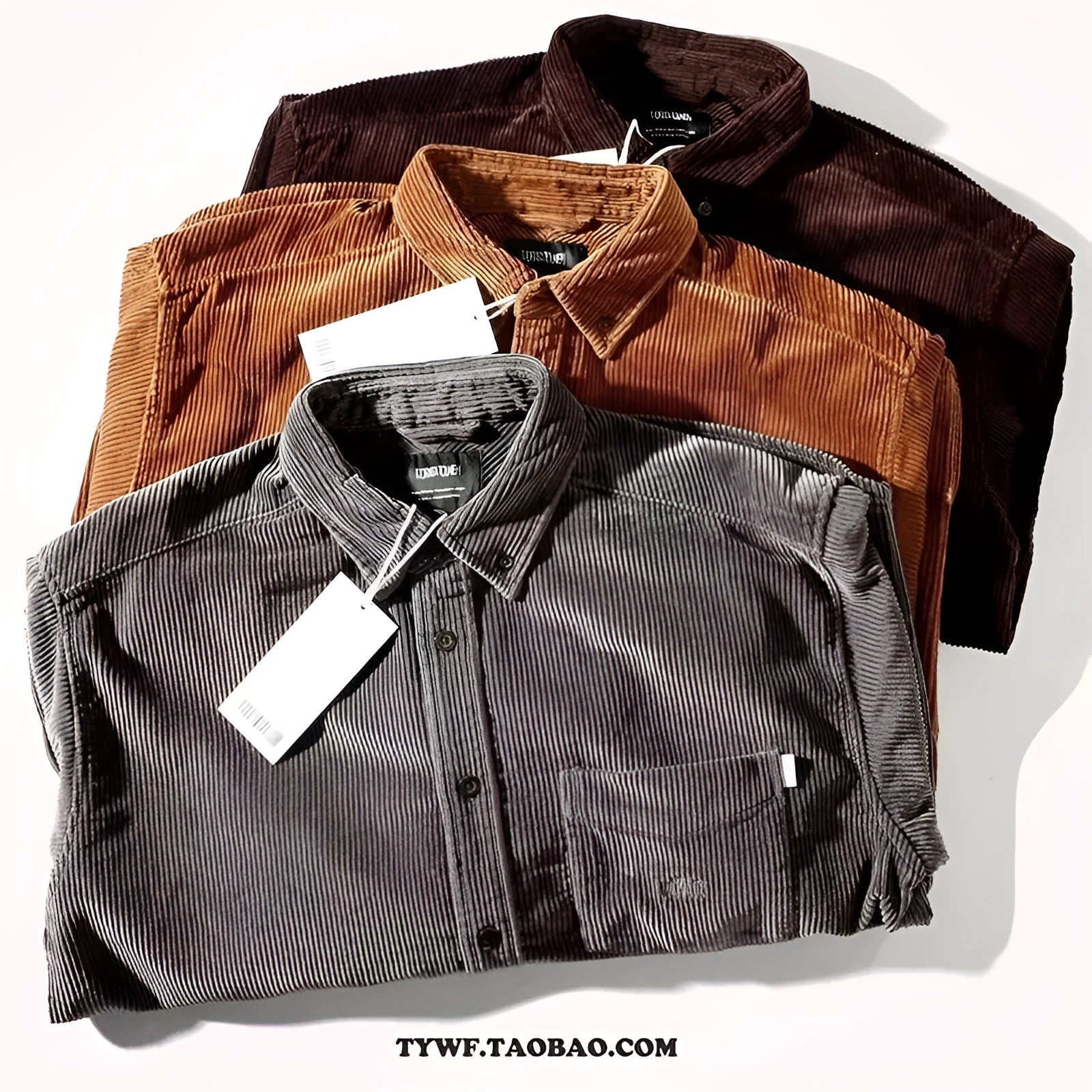 Loose fit caramel corduroy shirt with long sleeves in a Japanese Hong Kong cardigan style.