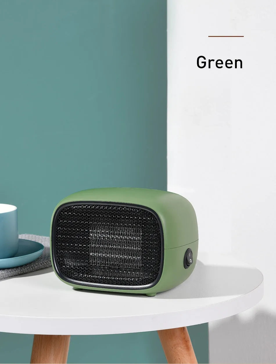 Compact green, white, or yellow mini PTC ceramic electric heater showing dimensions.