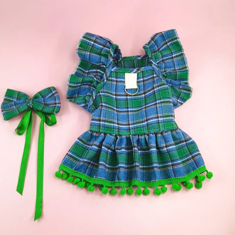 Red tartan Christmas skirt for pets with matching head flower accessory in size options from XS to XL
