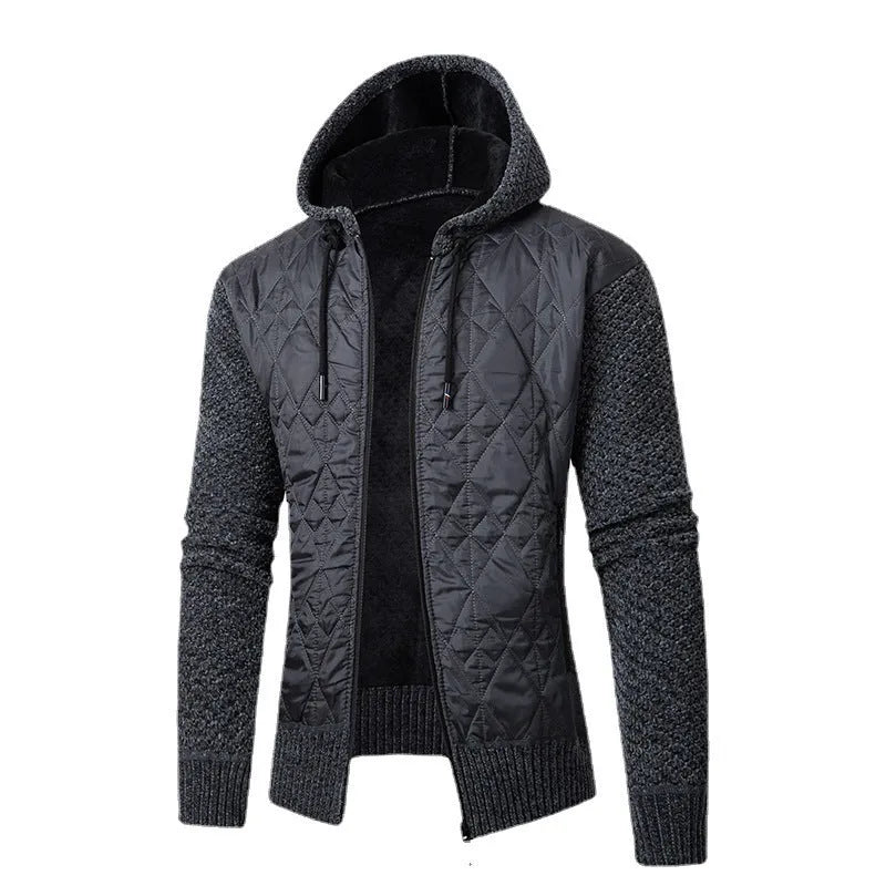 A grey men's hooded sweater coat with a cinched waist, made from wool corduroy for winter.