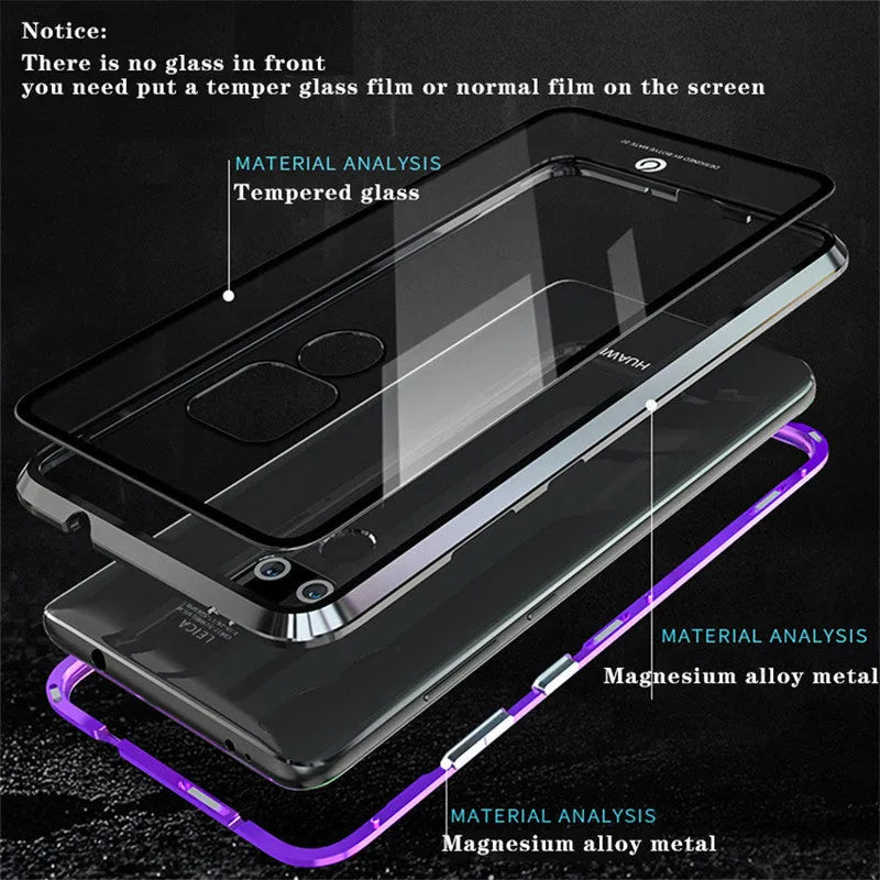 Black magnetic metal phone case with glass back for Huawei P30 Pro.