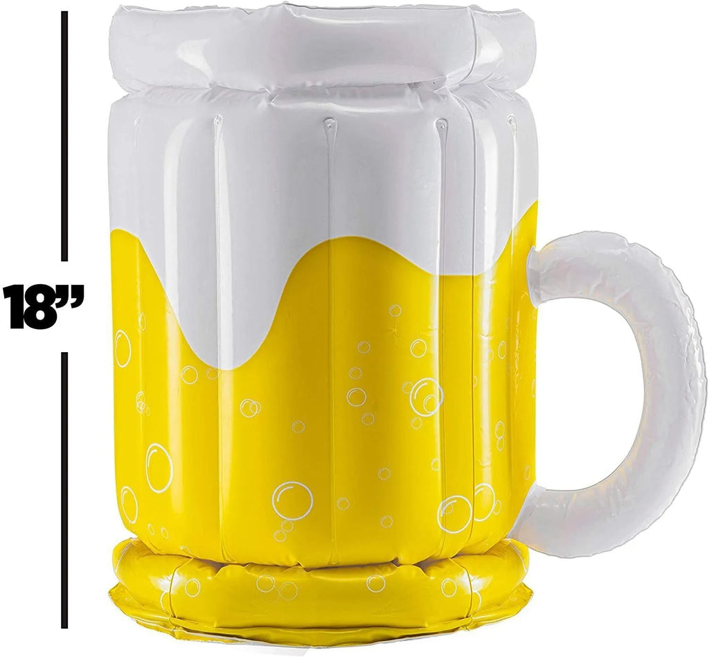 Large yellow inflatable beer mug cooler pool float with 44cm height and 32cm diameter dimensions