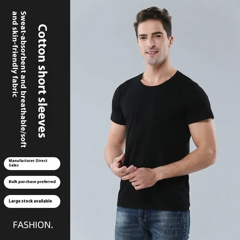 Men's loose fit solid colour cotton T-shirt on a hanger, shown in black and white.