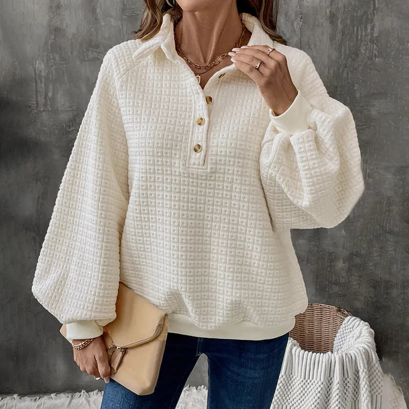 Women's milky white polo collar thickened pullover sweater on a hanger.