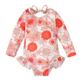 Girl's floral pattern open back swimsuit in orange red, available in sizes 70 to 110 yards.